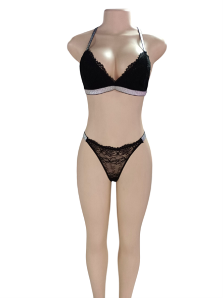 LENCERIA SEXY 2 PIEZAS NEGRA CON CINTA PLATEADA